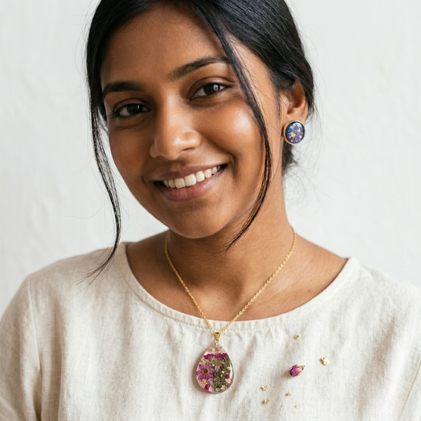 Indian woman wearing handmade resin flower jewelry Radikraft