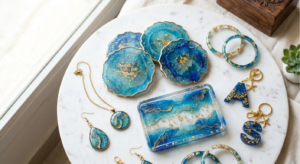 Handmade resin art gifts flat lay — coasters, jewelry aur tray