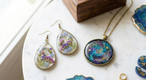 Handmade resin pressed flower earrings aur galaxy pendant gift