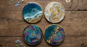 Handmade resin coasters set ocean blue aur gold marble design