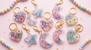 Cute handmade resin keychain gift dried flowers aur glitter ke saath