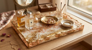 Elegant handmade resin decorative tray white gold marble effect