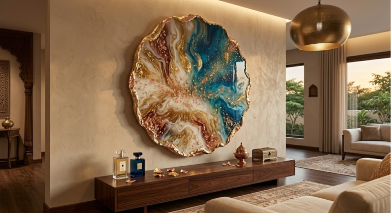 Abstract resin pour wall art ocean blue gold tone Indian home decor