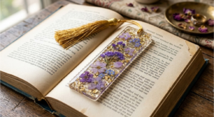 Handmade resin bookmark dried flowers aur gold tassel ke saath