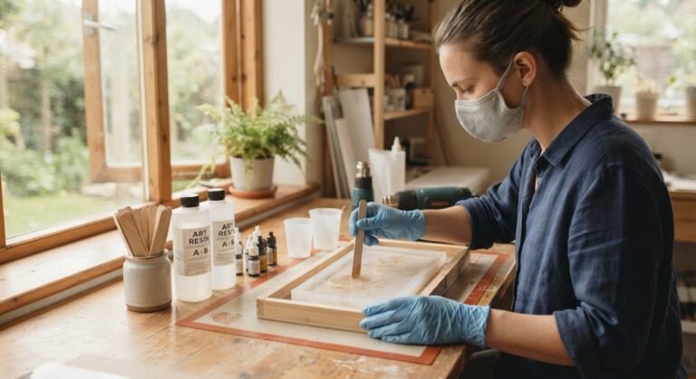 Resin art safety precautions with gloves and ventilation