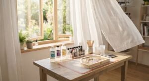 Well-ventilated resin art workspace with open window