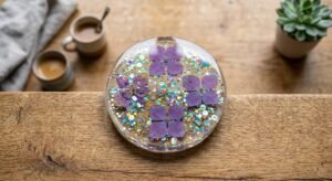 Smooth glossy bubble-free resin coaster final result"
